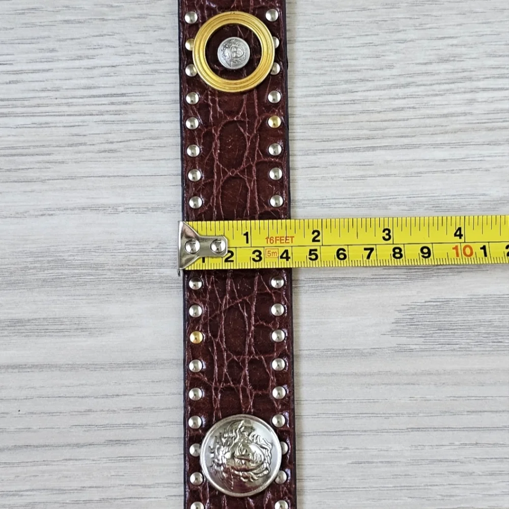 ✨ Vintage Gianni Versace Medusa Studded Leather Belt Brown Croc, Gold & Silver